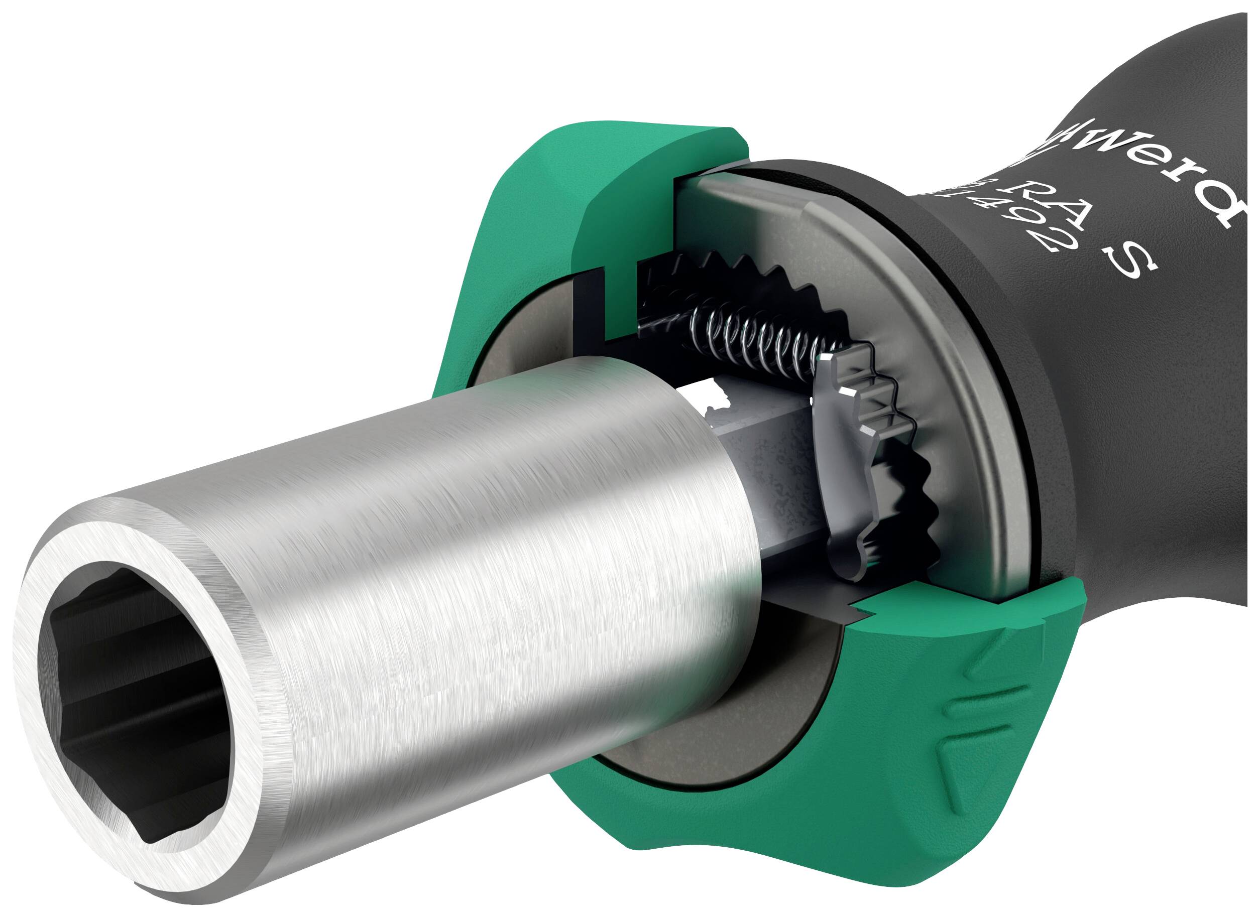 Close-up van een groene schroevendraaierkop met een roestvrij stalen boring, open om het interne mechanisme met veren en bladen te tonen.