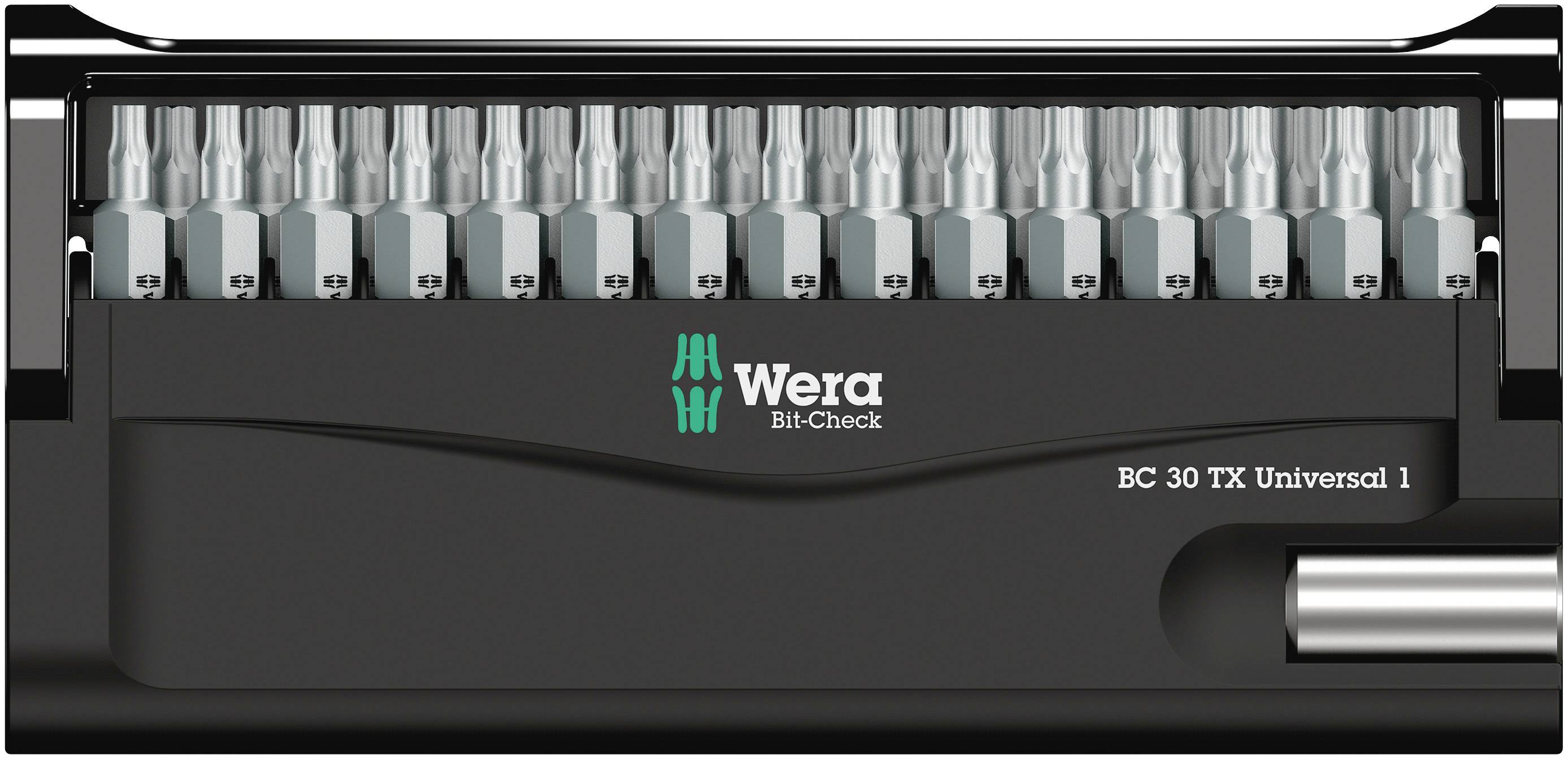 Een set Wera Bit-Check BC 30 TX Universal met 30 verschillende schroevendraaier-bits in een compact zwart etui.