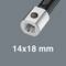 Metalen adapter met vierkant gat, waarschijnlijk voor gereedschapsgebruik, aangegeven afmetingen: '14x18 mm'.