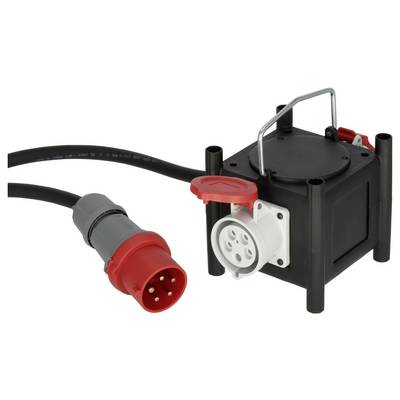 Draagbare zwarte elektrische stopcontactdoos met handvat en aangesloten zwaar uitgevoerde stroomkabel eindigend in een rode industriële stekker.