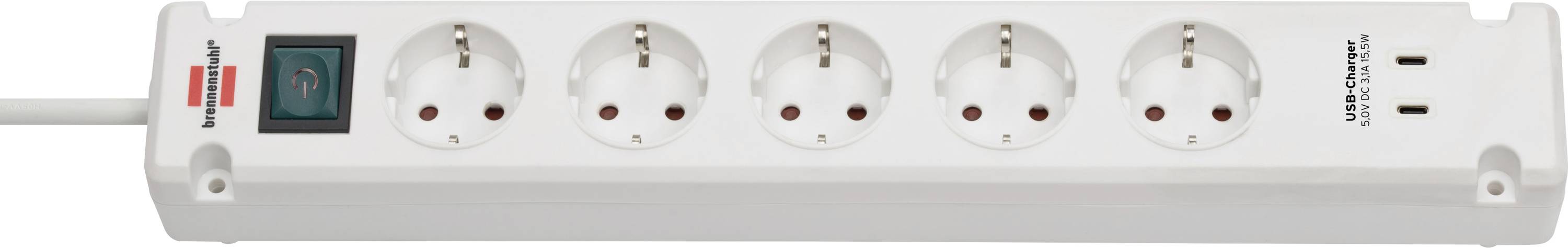 Witte stekkerdoos met vier Europese stopcontacten, een rode aan/uit-schakelaar en twee USB-laadpoorten aan de rechterkant.