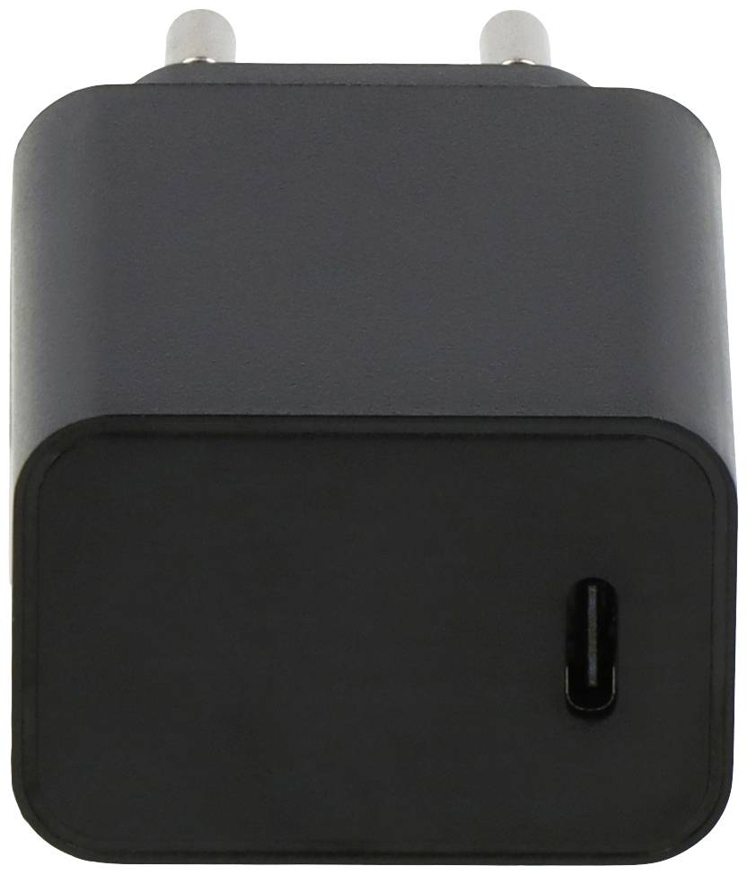 Zwart USB-C-oplaadapparaat met tweepens stekker, frontaal gefotografeerd.