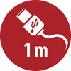 Rood rond bord met een witte USB-kabel en '1 m', wat de lengte van een meter kabel aangeeft.