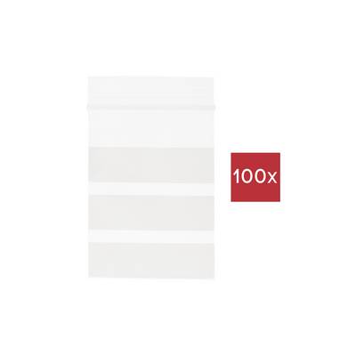 Witte druksluitingszak met drie grijze strepen en rode doos met '100x'.