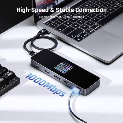 Een laptop is aangesloten via een USB-C-hub met meerdere poorten. Opschrift '1000Mbps', wijzend op een snelle netwerkverbinding.