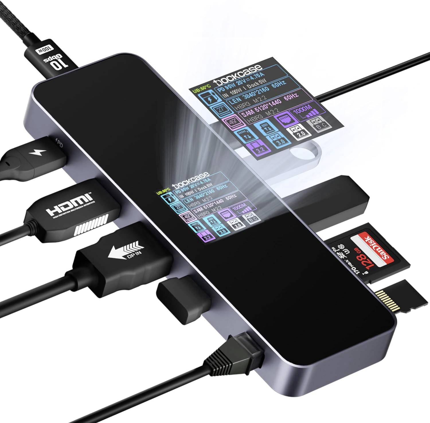 Een zwarte USB-hub met meerdere aangesloten kabels, waaronder HDMI, USB en kaartlezereenheid, toont de veelzijdigheid van het apparaat.