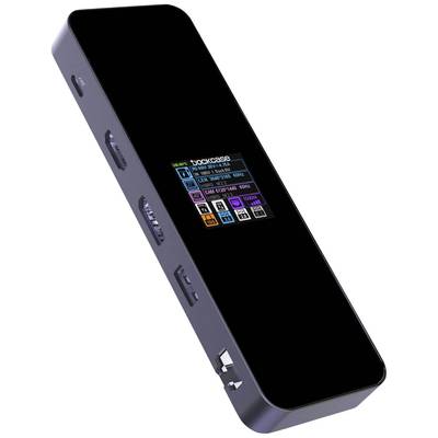 Een slanke, zwarte USB-hub met meerdere poorten en een klein display dat technische informatie weergeeft.