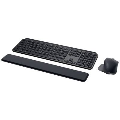 Zwarte draadloze toetsenbord met polssteun en verticale ergonomische muis, op witte achtergrond.