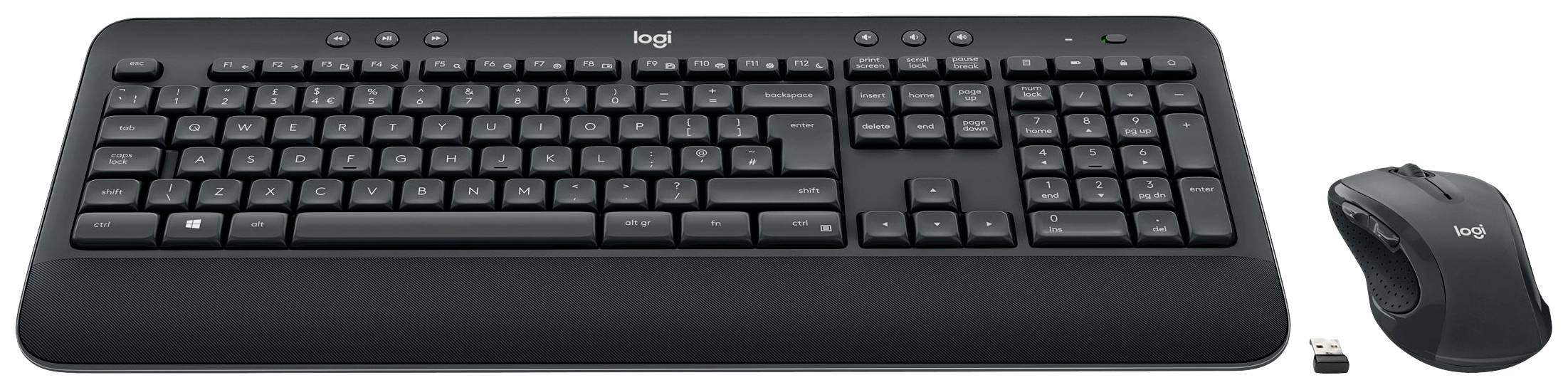 Draadloos zwart toetsenbord- en muisset met USB-ontvanger, geschikt voor computerwerk.