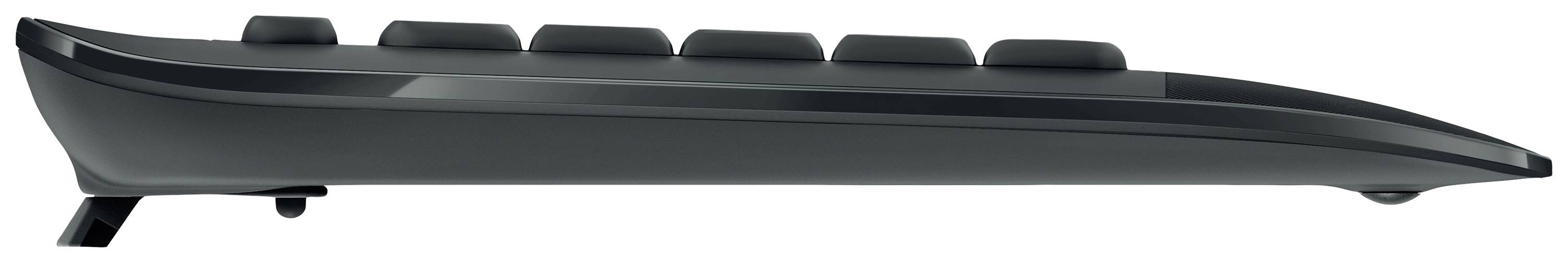 Zijaanzicht van een zwart computertoetsenbord met een licht hellende, ergonomische vorm en zes zichtbare toetsen.