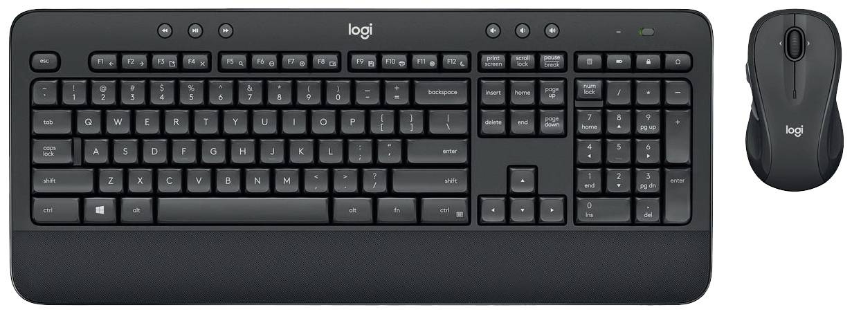 Draadloos zwart toetsenbord en muis van Logitech. Het toetsenbord heeft een volledig QWERTZ-indeling met numeriek toetsenblok.