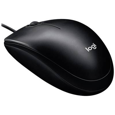 Zwarte computermuis met kabel, 'logi' logo in het wit aan de bovenkant, ergonomische vorm. Ideaal voor kantoor- en thuisgebruik.