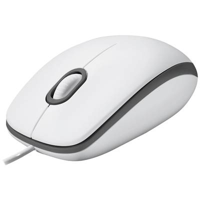 Witte, bedrade computermuis met grijs scrollwiel en twee knoppen.
