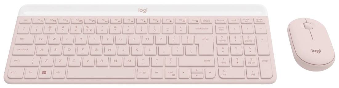 Een roze draadloos toetsenbord en muis van Logitech. Het toetsenbord heeft een compact layout met extra functietoetsen.