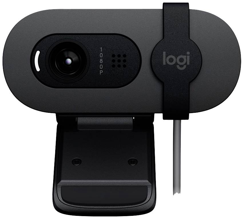 Een zwarte webcam met geïntegreerde houder en kabel. 'Logi' markering zichtbaar. Model biedt 1080P resolutie.