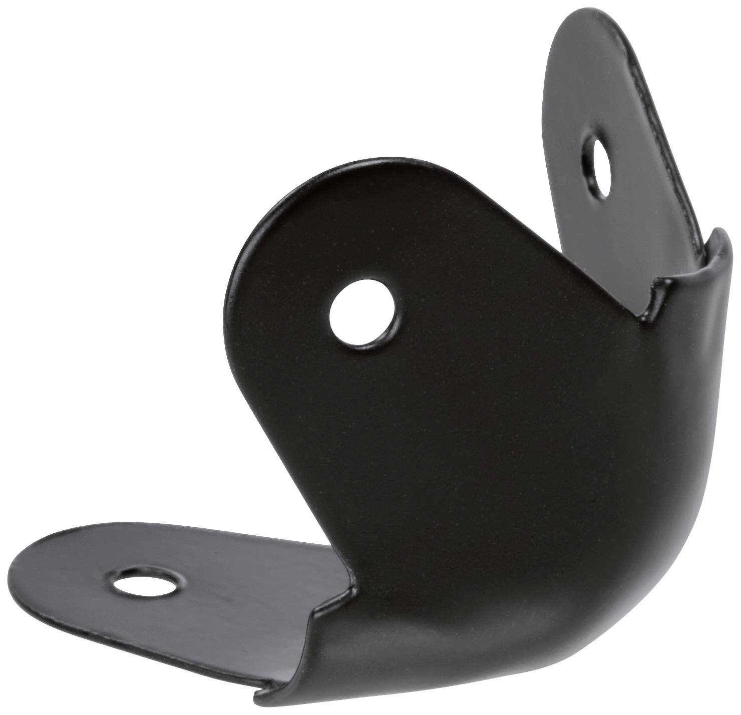 Zwart metalen hoekstuk met gaten voor schroefbevestiging, gebruikt voor stabilisatie of verbinding van meubelonderdelen.
