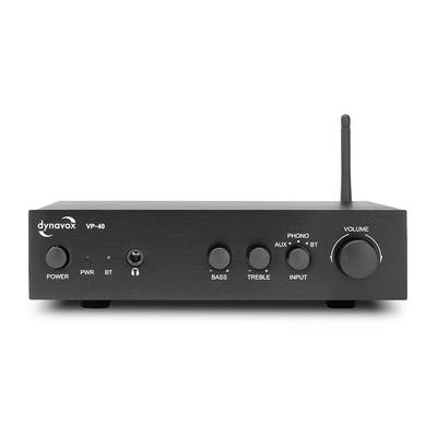 Een zwart gekleurde Bluetooth-versterker met regelaars voor bas, hoge tonen en volume, evenals knoppen voor aan-/uitzetten en bronkeuze.