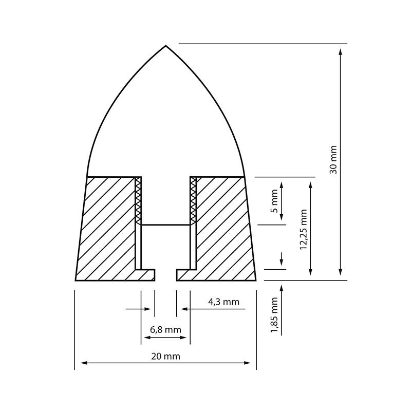 Doorsnede van een mondstuk: totale hoogte 30 mm, diameter 20 mm, wanddikte 6,8 mm. Binnenhoogte 12,25 mm, groefbreedte 5 mm, bodemdikte 1,85 mm.