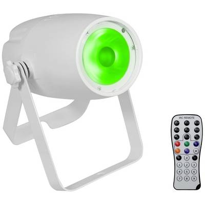 Een witte LED-schijnwerper met groen licht naast een afstandsbediening met gekleurde toetsen voor het besturen van verschillende lichteffecten.