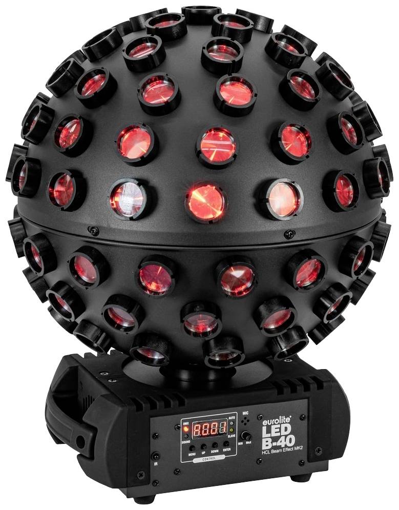 Een zwarte LED-lichteffectbol met rode lichten, gemonteerd op een bedieningspaneel met het opschrift 'Eurolite LED B-40'.