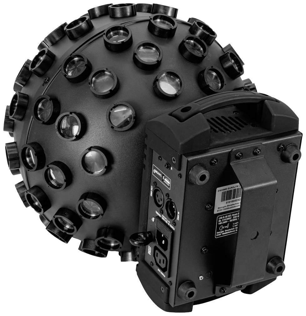 Een zwart, bolvormig verlichtingsapparaat met meerdere lenzen op het oppervlak en een bedieningspaneel aan de achterkant. Ideaal voor verlichtingseffecten.
