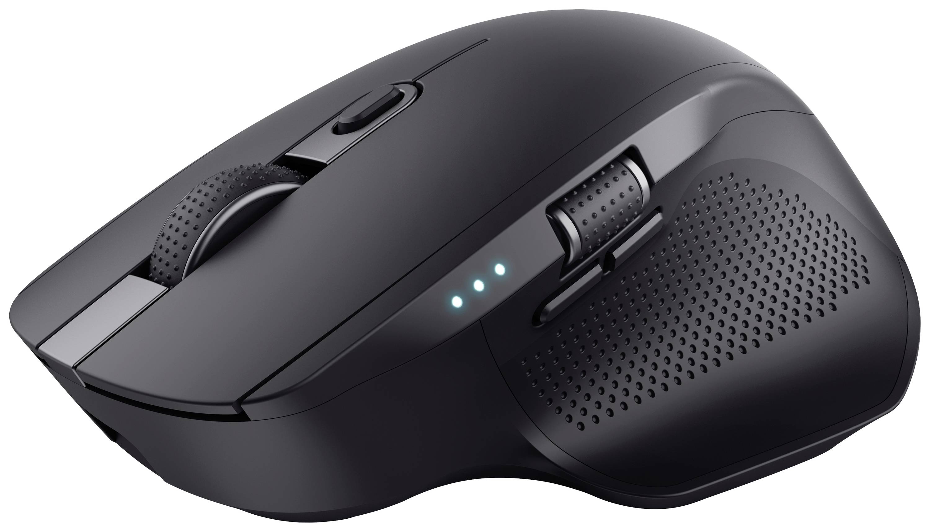 Een draadloze computermuis met ergonomisch ontwerp en drie zijtoetsen. Hij heeft een gestructureerd oppervlak en LED-indicatoren.