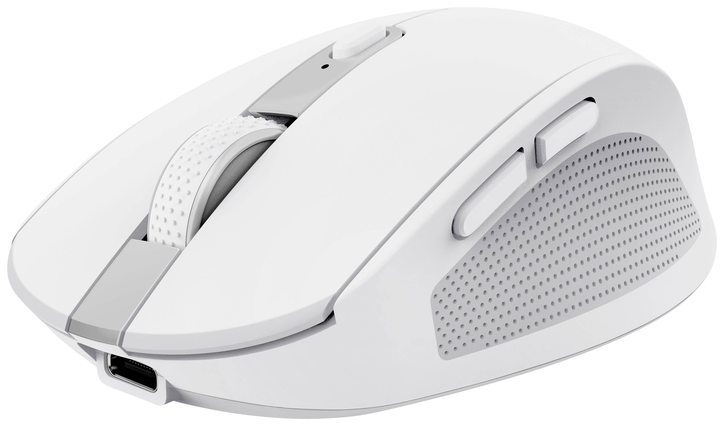 Draadloze, witte computermuis met twee zijtoetsen en een gestructureerde grip voor een betere grip.