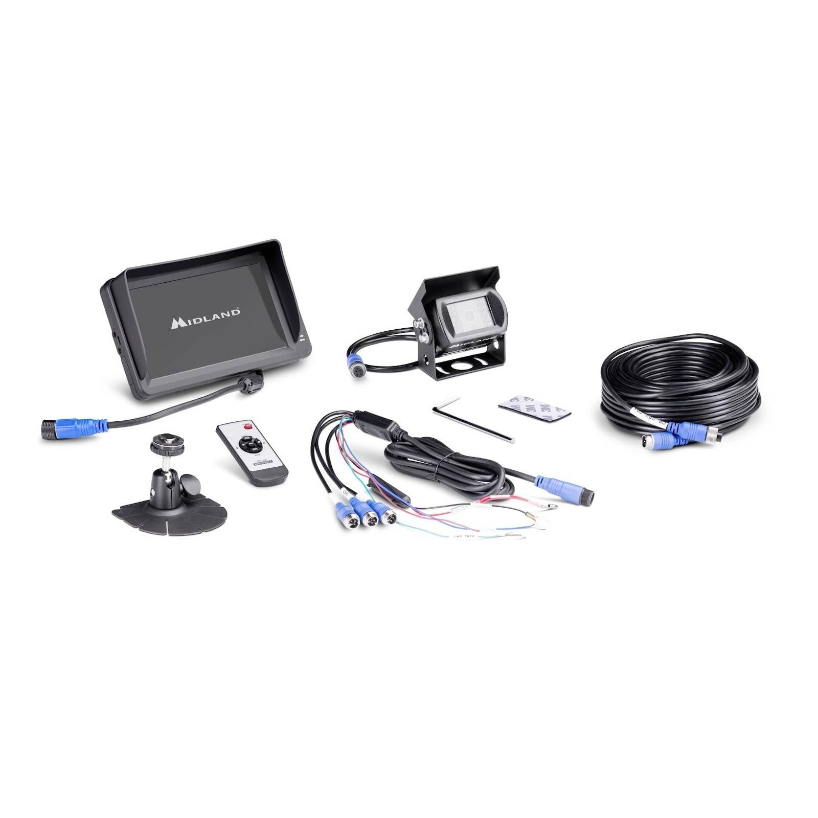 Camerasysteem met monitor, camera, kabel en afstandsbediening. Geschikt voor beveiligings- of bewakingsdoeleinden.
