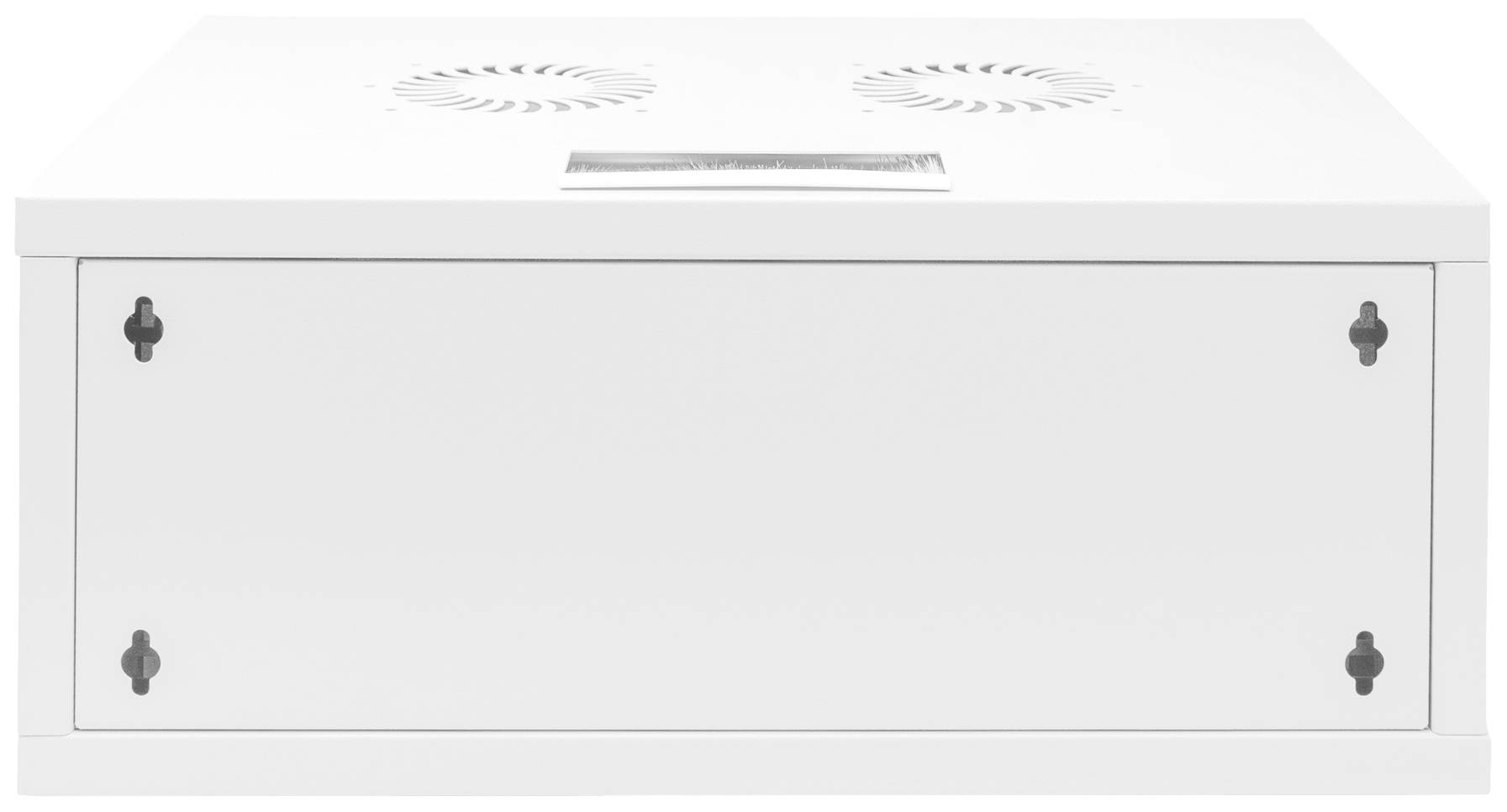 Witte, rechthoekige metalen doos met ventilatiesleuven bovenaan en vier schroeven op de voorplaat.
