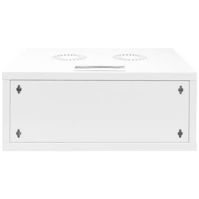 Witte, rechthoekige metalen doos met ventilatiesleuven bovenaan en vier schroeven op de voorplaat.