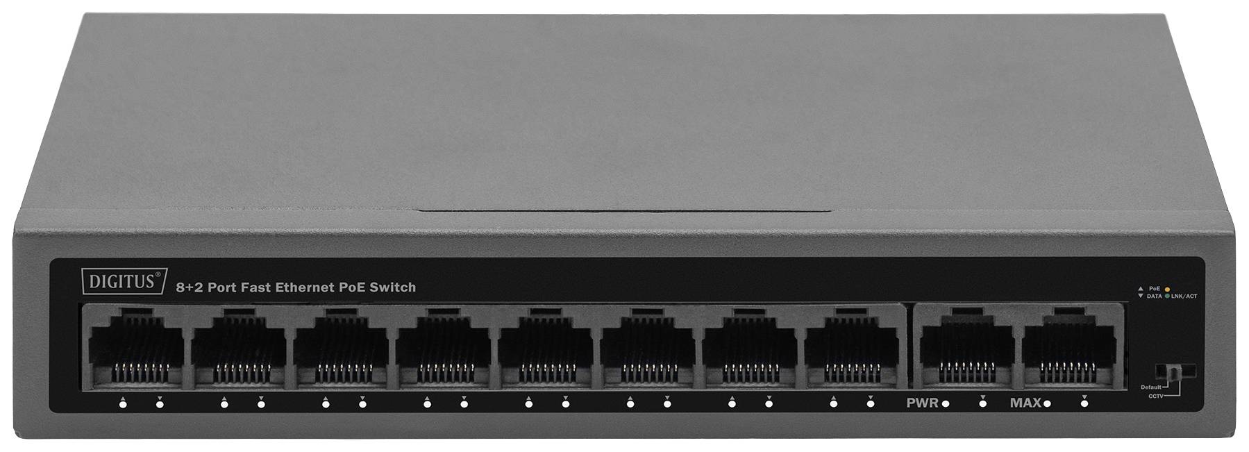 Een 8-poorts Fast Ethernet PoE-switch, model DIGITUS. Toont vooraanzicht met acht Ethernet-aansluitingen en statusindicatie.