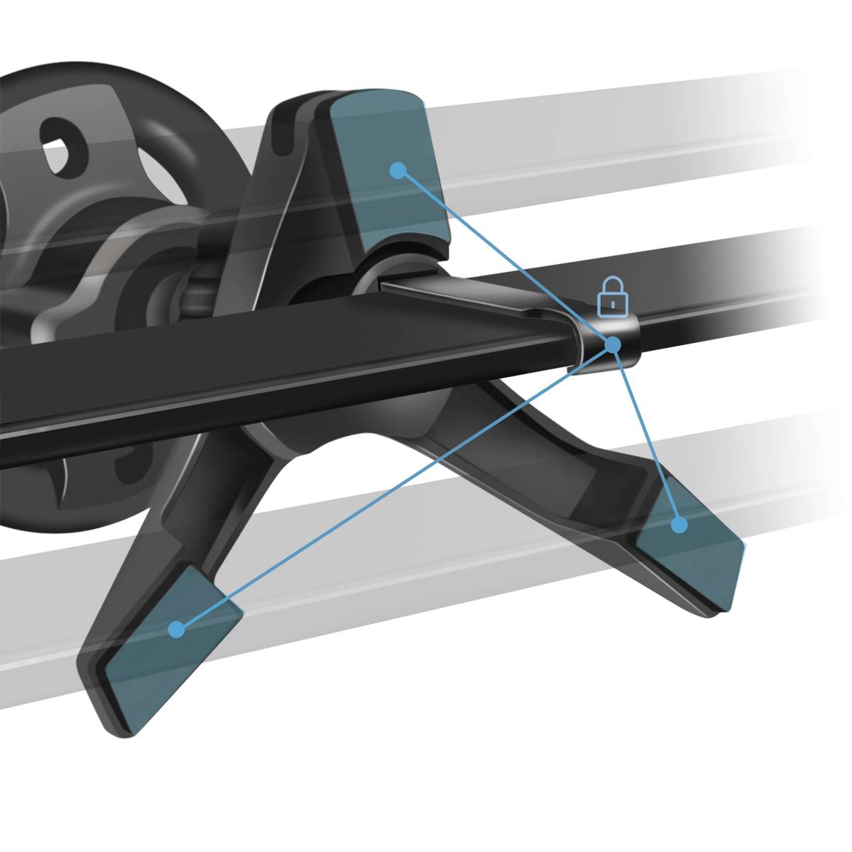 Een technische illustratie toont een gemonteerde zekeringsklem die twee parallelle staven verbindt, met geaccentueerde vergrendelingsmechanismen.