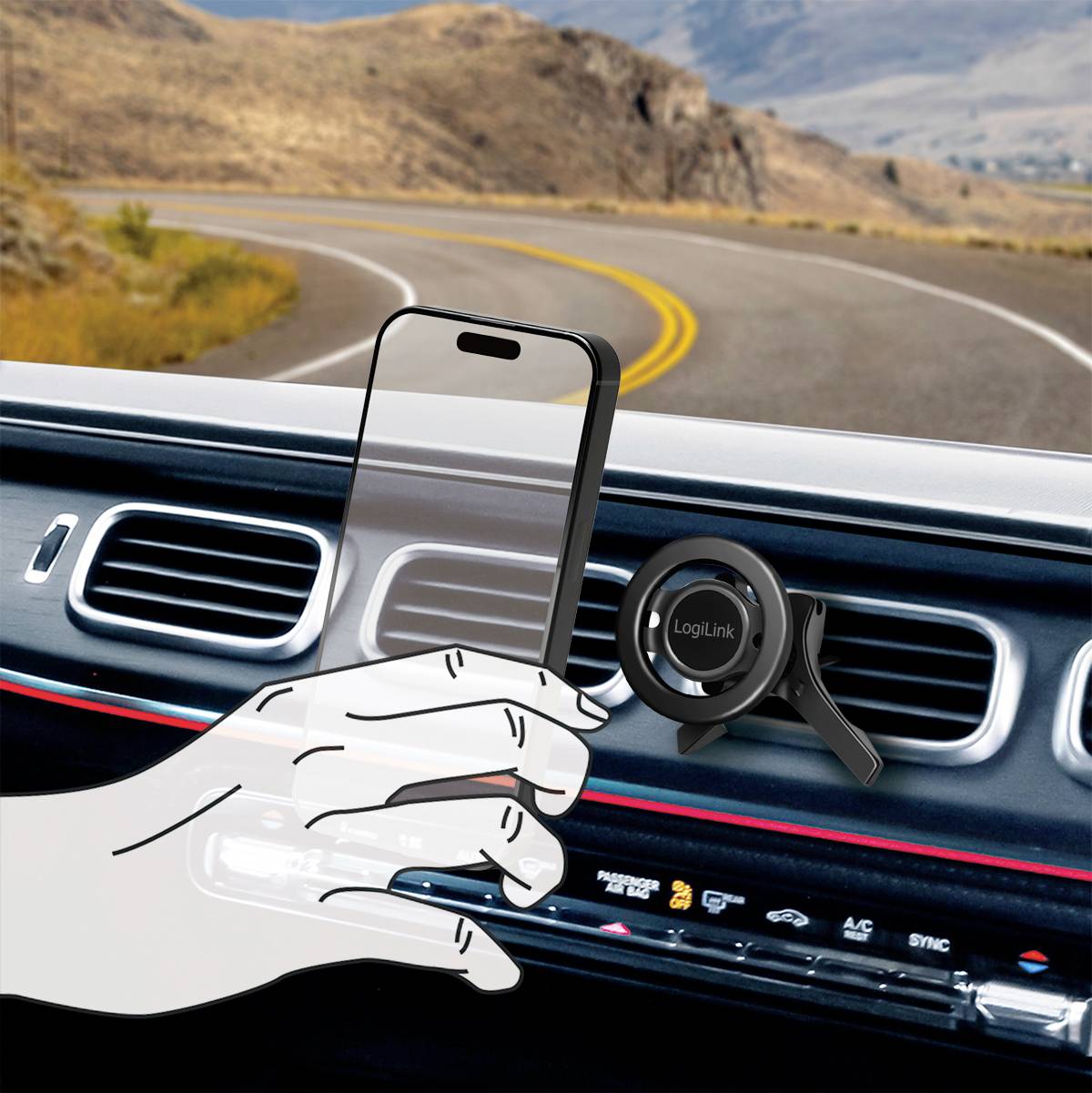 Een hand houdt een smartphone vast in een auto die rijdt op een weggedeelte met bochten. In de auto is een LogiLink-autohouder gemonteerd.