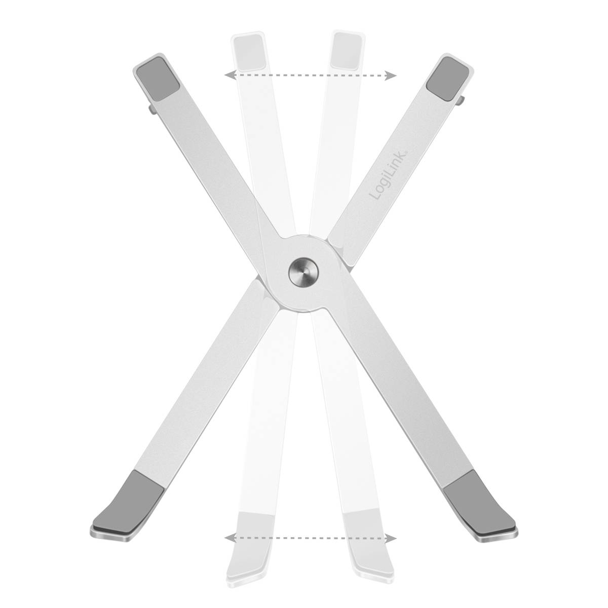 Een verstelbare zilveren laptopstandaard met draaibare armen die verschillende hellingshoeken mogelijk maken.
