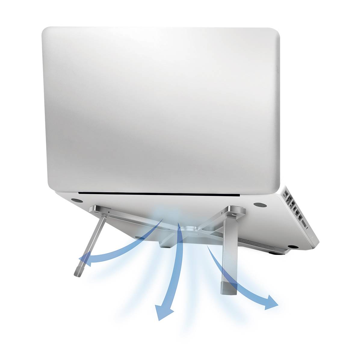 Een laptop op een standaard met pijlen die luchtstroom en koeling voorstellen.