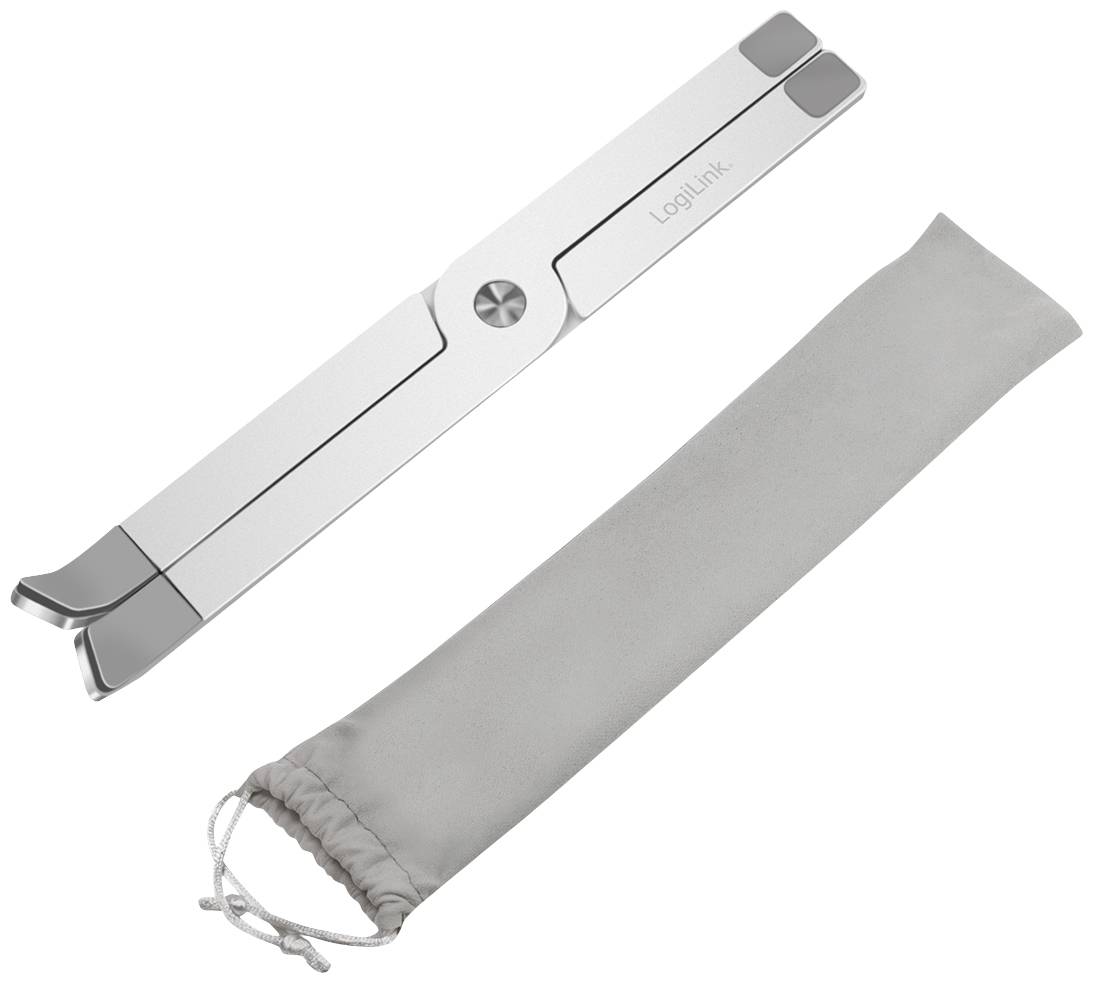 Een zilveren laptopstandaard van metaal met zwarte rubberen doppen aan de uiteinden, naast een grijze stoffen tas met trekkoord.