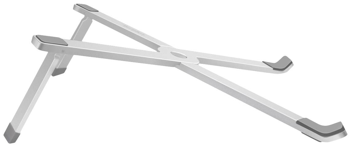 Een witte laptopstandaard van metaal met slipvaste rubberen pads aan de uiteinden staat op een gladde ondergrond.