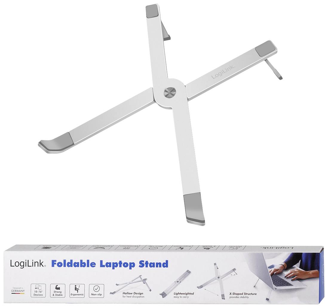Opvouwbare laptopstandaard van LogiLink. Wit design, draagbaar en licht, voor de verhoging van laptops op bureaus.