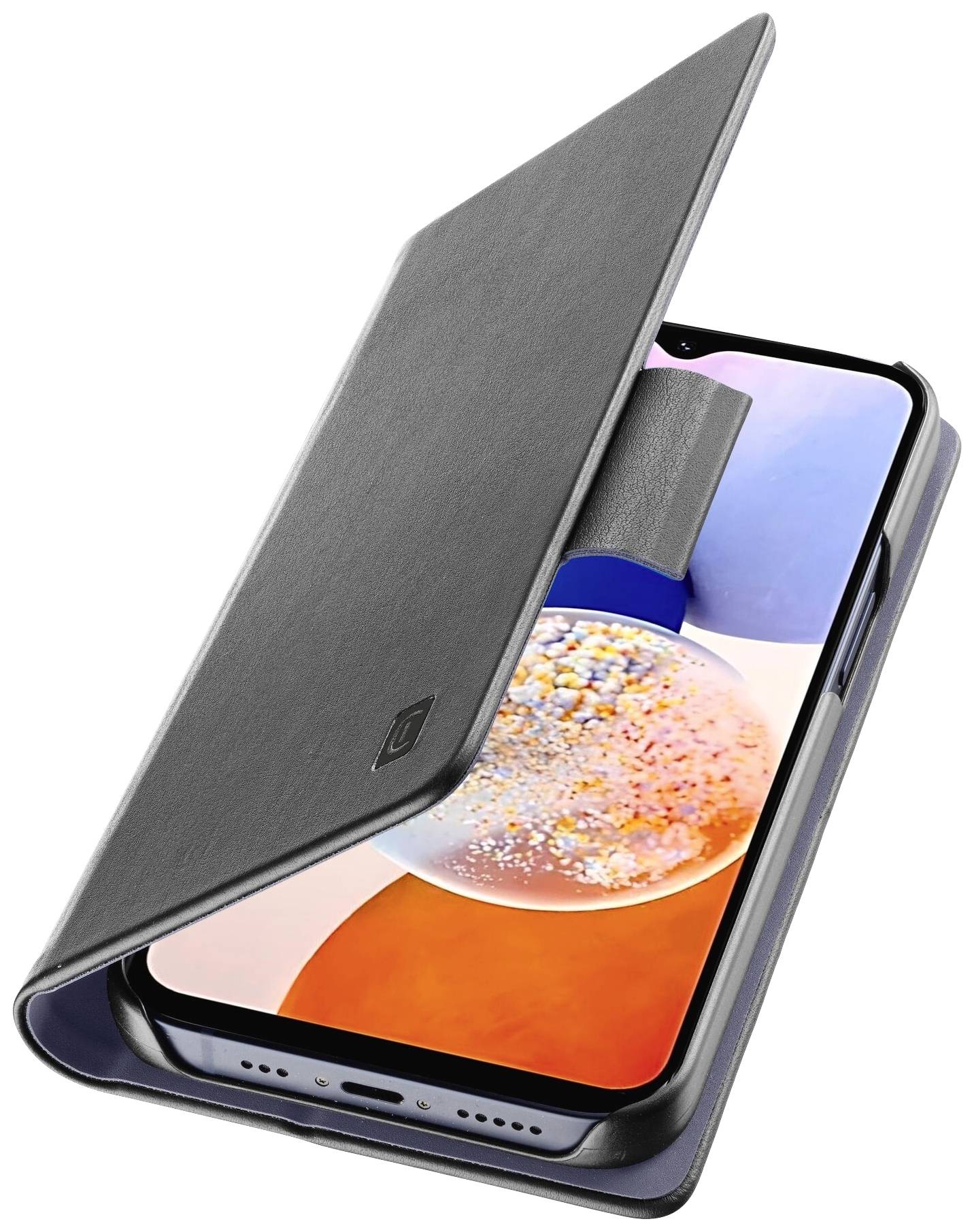 Smartphone in zwarte hoes met opklapbare voorkant, half geopend. Apparaat toont kleurrijk scherm met abstracte patronen.