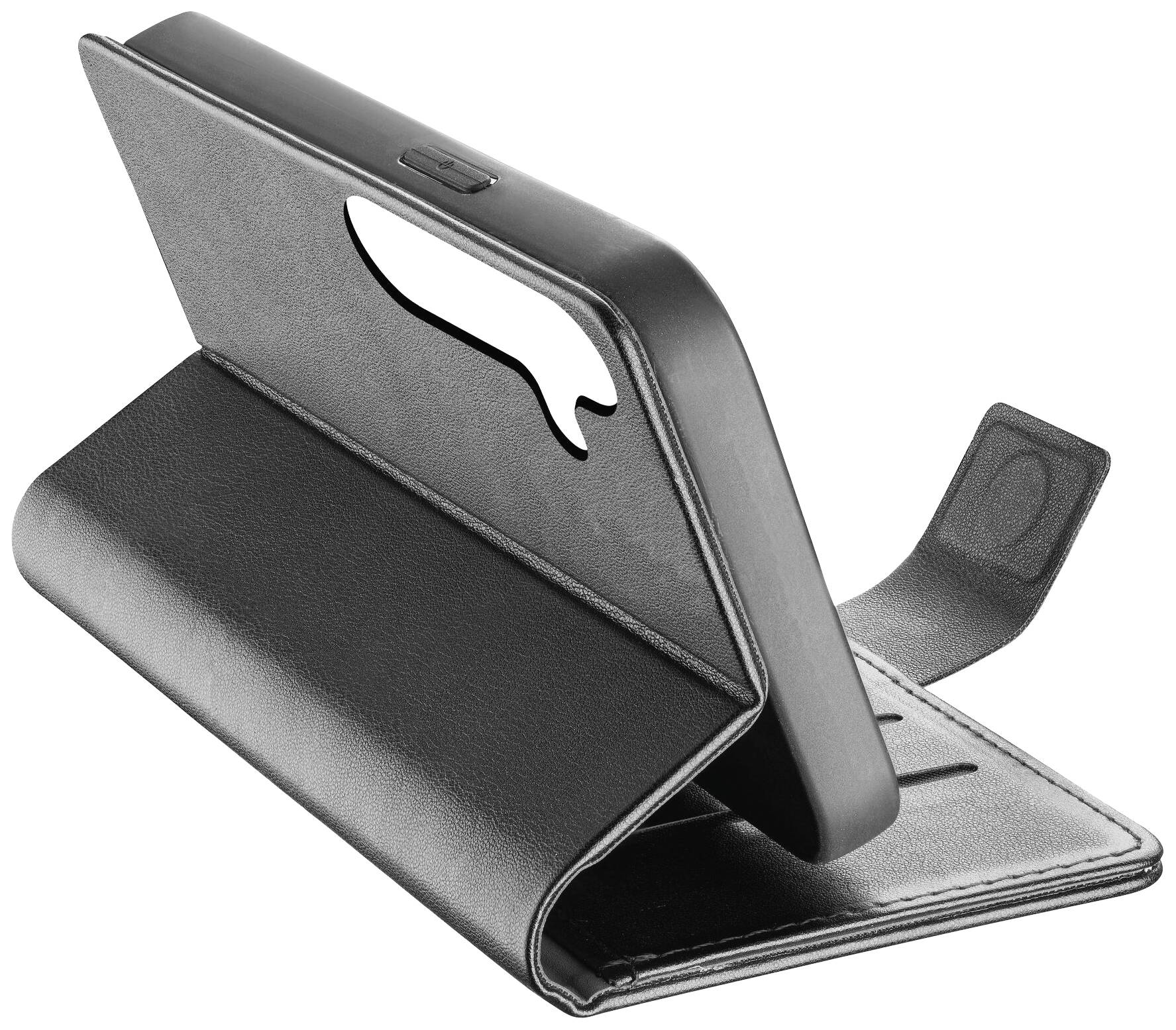 Gecombineerde zwarte telefoonhoes met standaard en beschermende functie. De hoes heeft een magnetische sluiting en een handig opvouwbaar design.