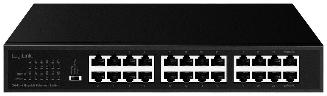 '24-poorts Gigabit Ethernet-switch van LogiLink met LED's voor statusweergave, geschikt voor netwerkverdeling in kantooromgeving.'