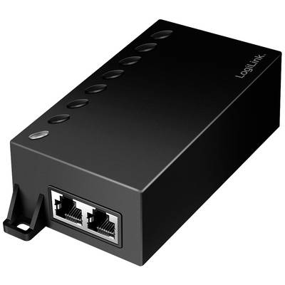 Zwarte LogiLink-netwerkbox met twee Ethernet-poorten en meerdere ronde knoppen bovenop.