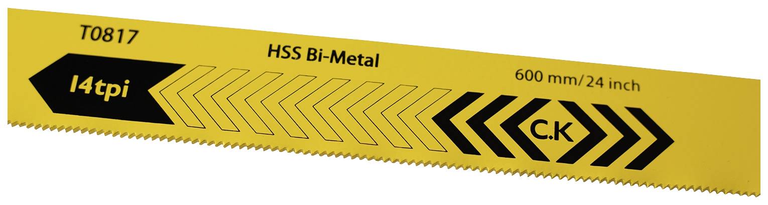 Zaagblad met opschrift 'HSS Bi-Metaal', '14 tanden per inch', lengte '600 mm/24 inch' en logo 'C.K'. Geschikt voor metaalzagen.