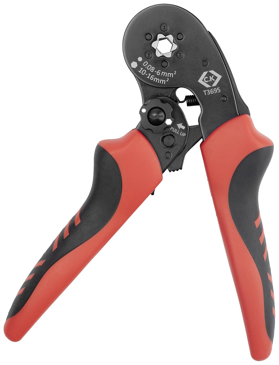 Een krimptang met rode en zwarte handgrepen, geschikt voor kabelafmetingen van 0,08-16 mm².