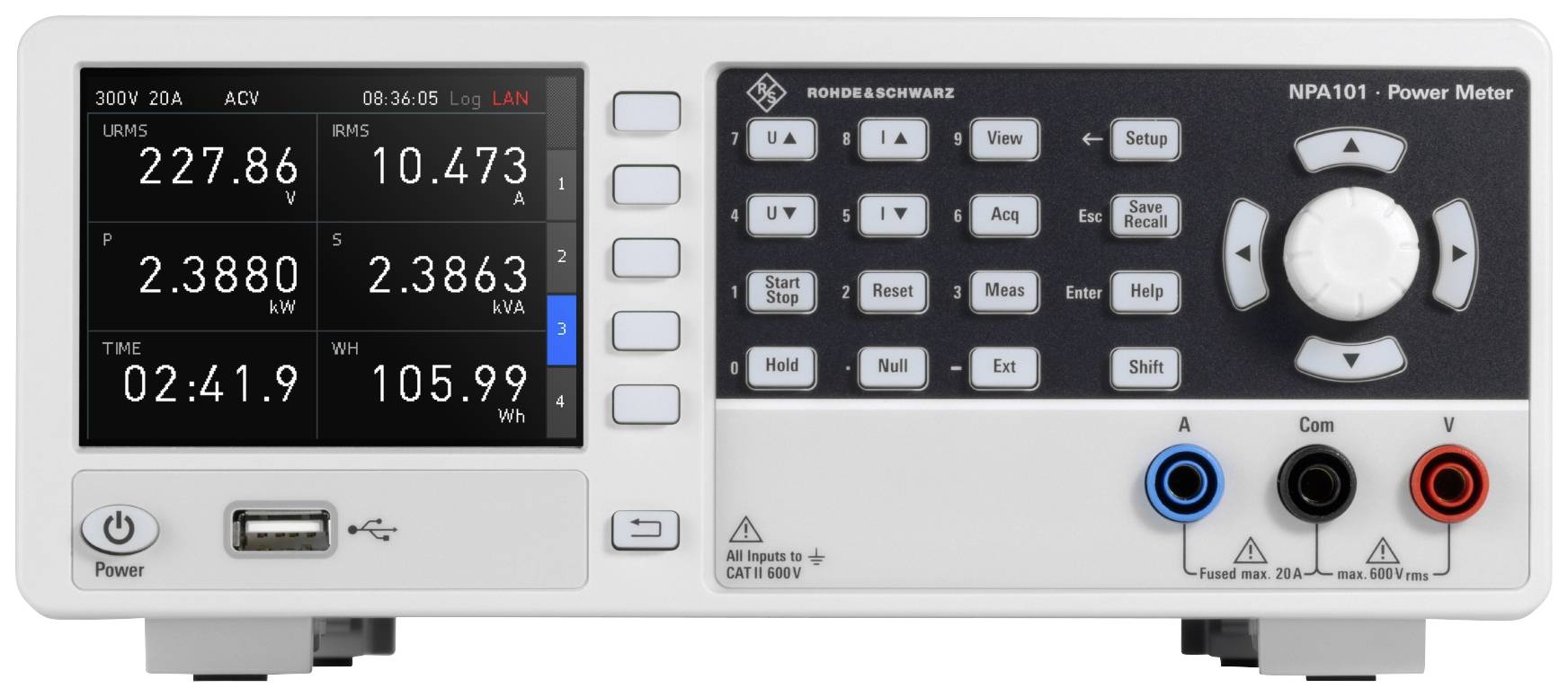 'Rohde & Schwarz NPA101 Power Meter met display toont spanning: 227,86V, stroom: 10,473A, vermogen: 2,3863kW. Verschillende toetsen aanwezig.'