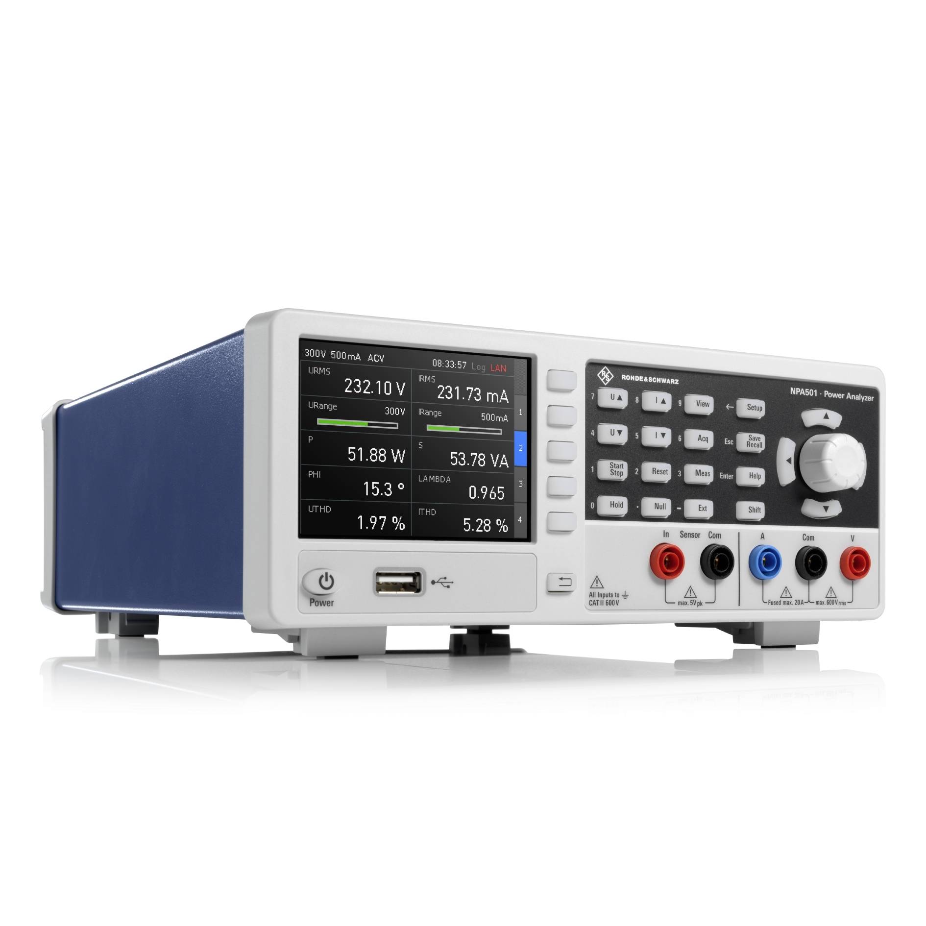 Een laboratoriumapparaat voor het meten van stroom en spanning met een digitaal display, toont waarden zoals spanning 232,10V, stroom 231,73mA.