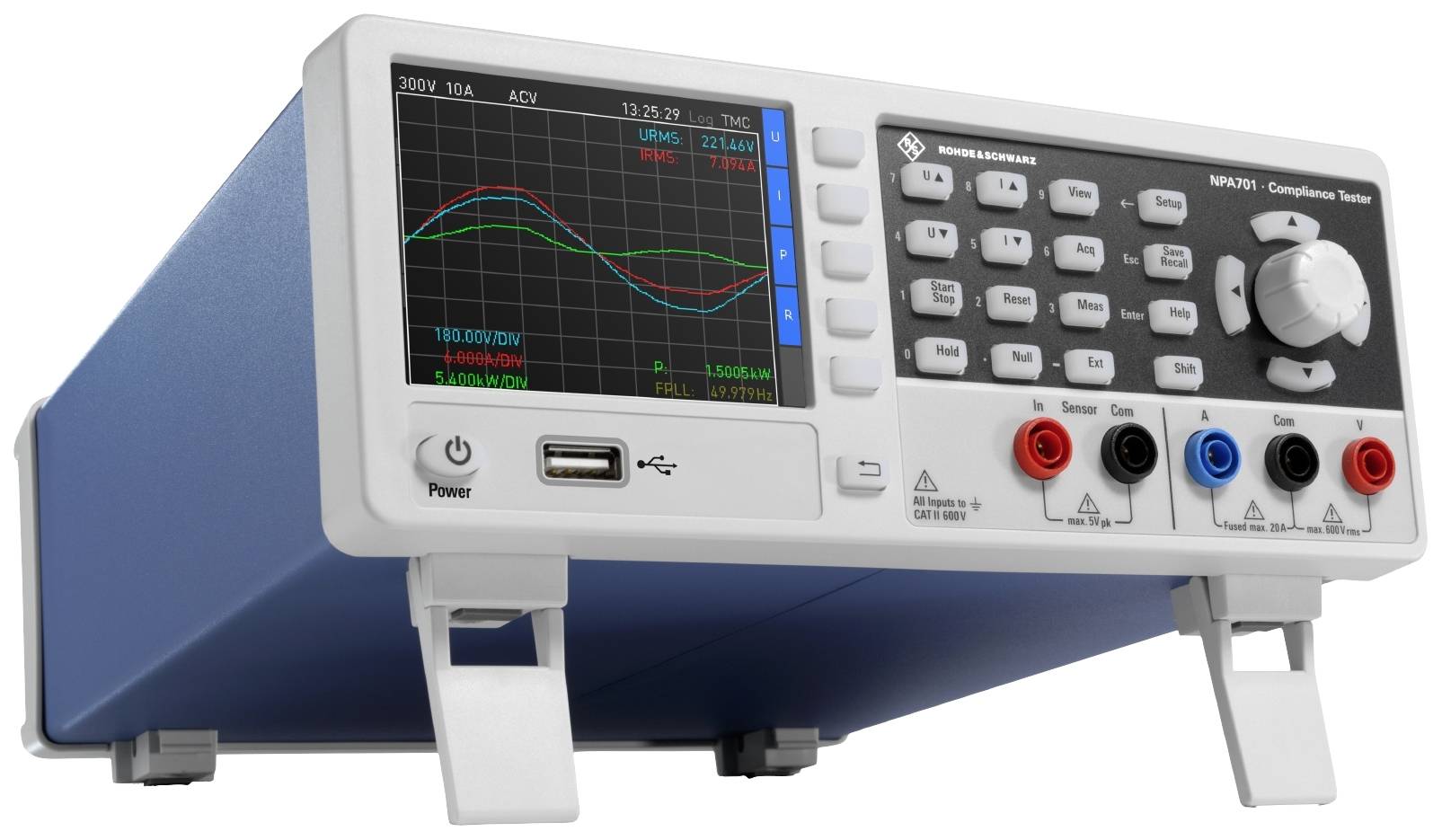 Een compliance-tester met een digitaal display toont twee golvende grafieken. Verschillende bedieningselementen en aansluitingen zijn zichtbaar.