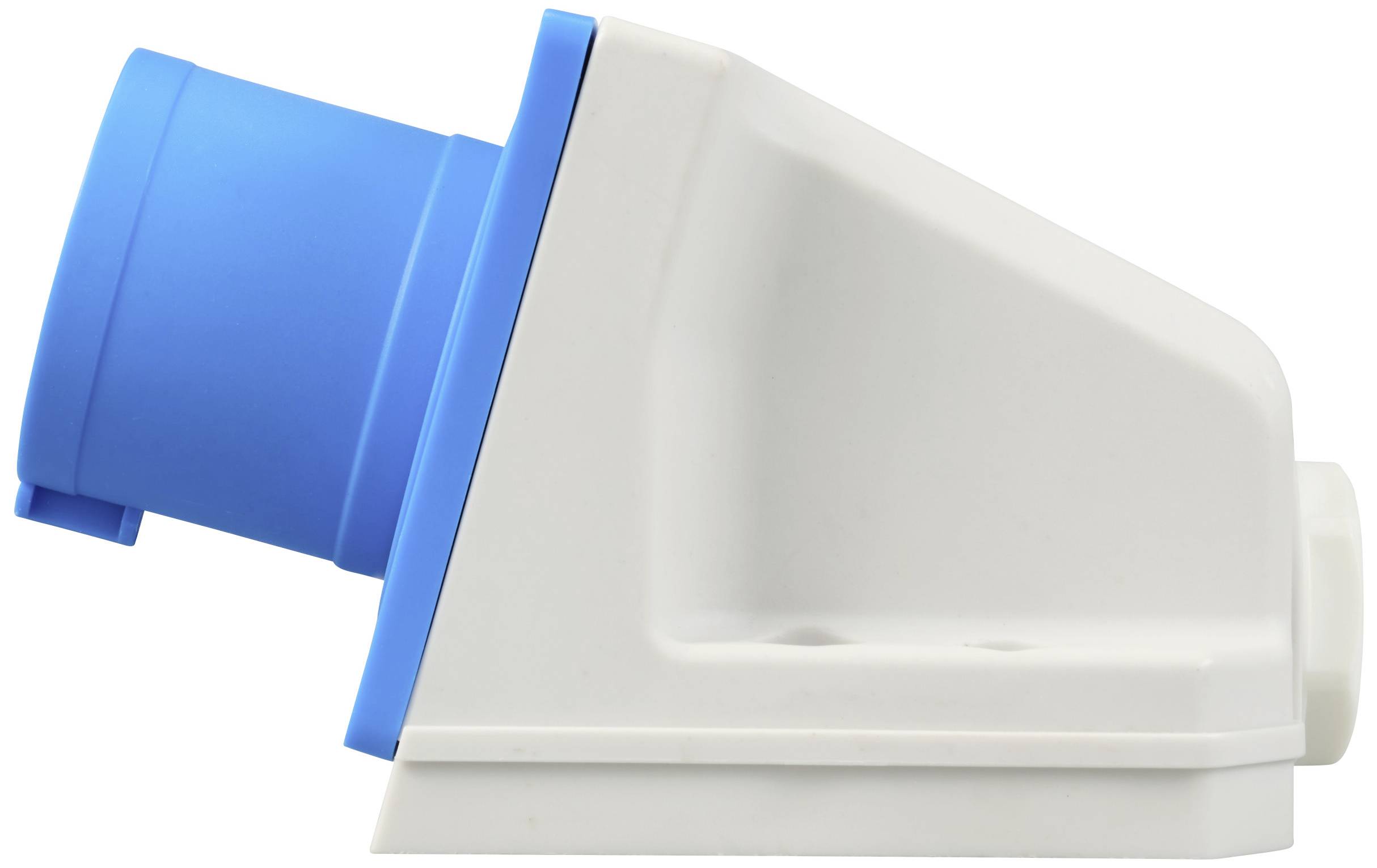 'Zijaanzicht van een blauwe en witte elektrische connector met een gehoekt behuizing, geschikt voor industriële toepassingen.'