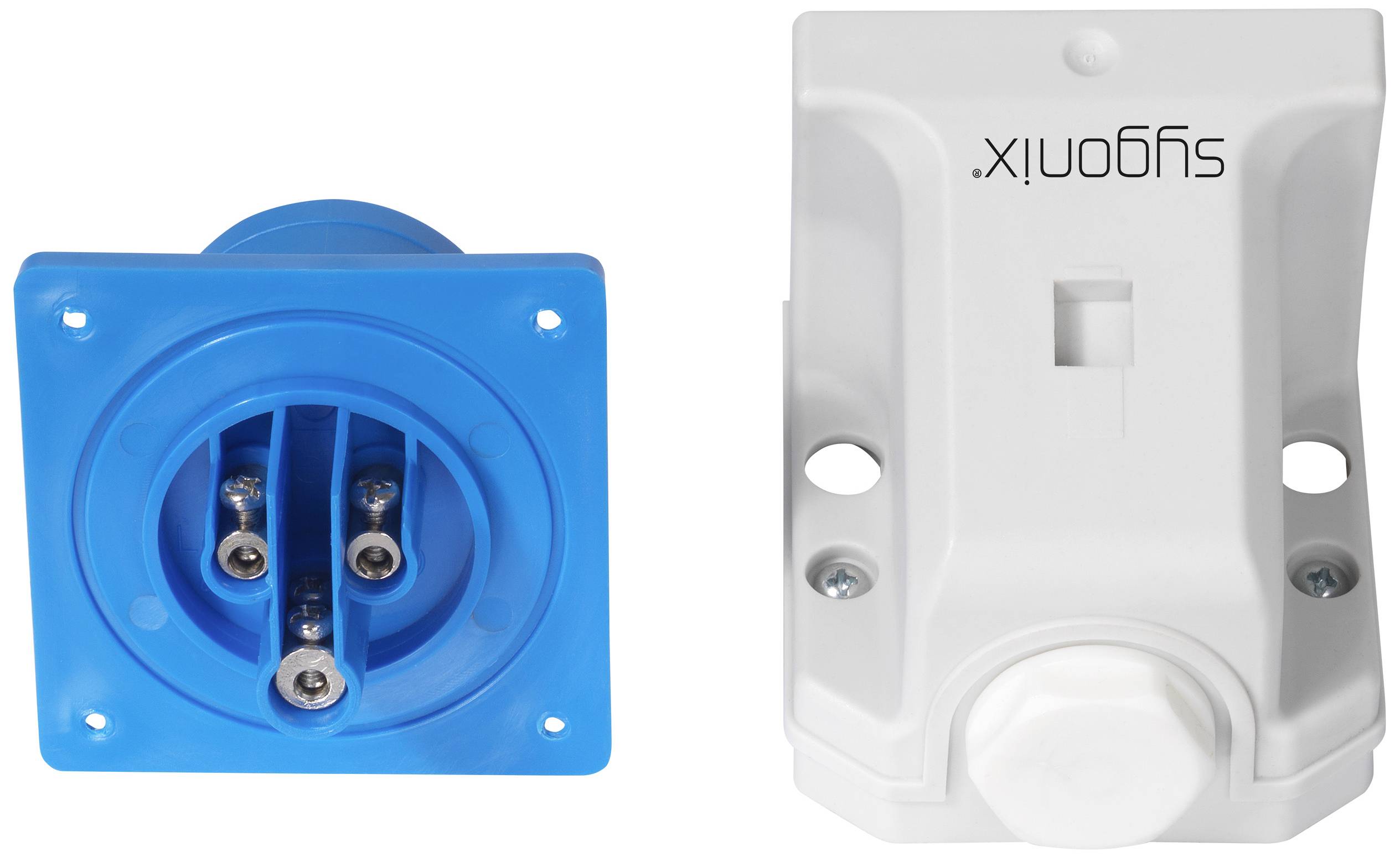 'Twee elektrische stekkerverbindingen, één rond blauw en één vierkant wit.'