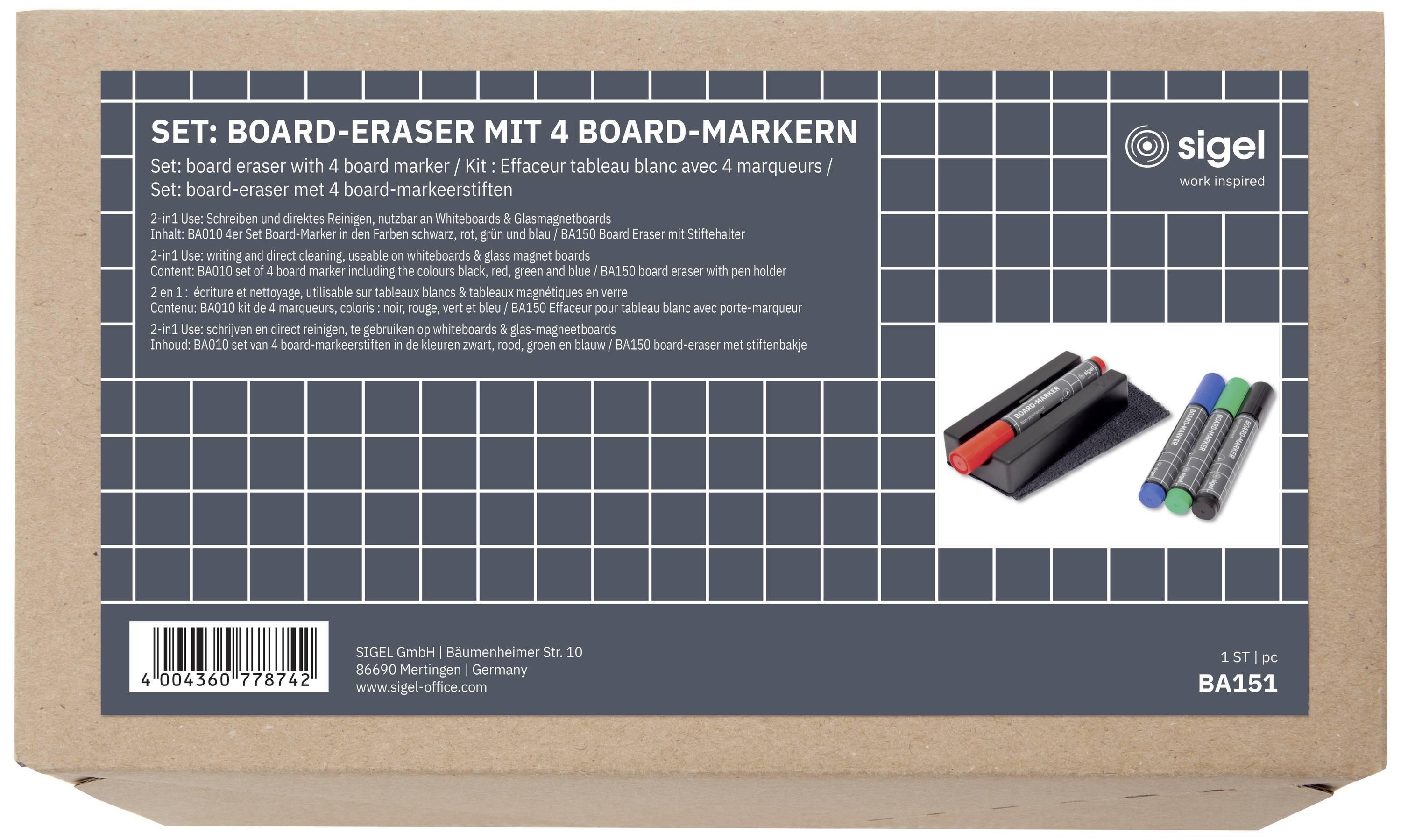 Set met een whiteboard- of krijtbord sponsje en vier stiften. Verpakking toont productgegevens en een foto van de meegeleverde stiften.